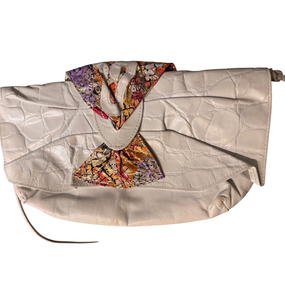 Vintage Saereun New York White Leather Croc Embossed Bow Clutch Crossbody Bag